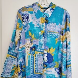 Attitudes By Renee Greenstein Blouse 1X Floral Blue and Yellow Button-Up Shirt